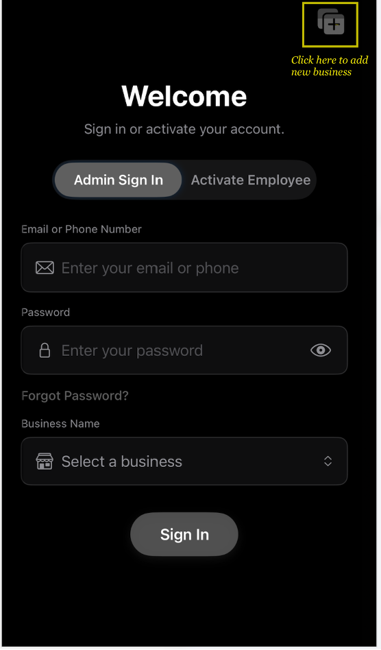 Welcome screen with add business button highlighted