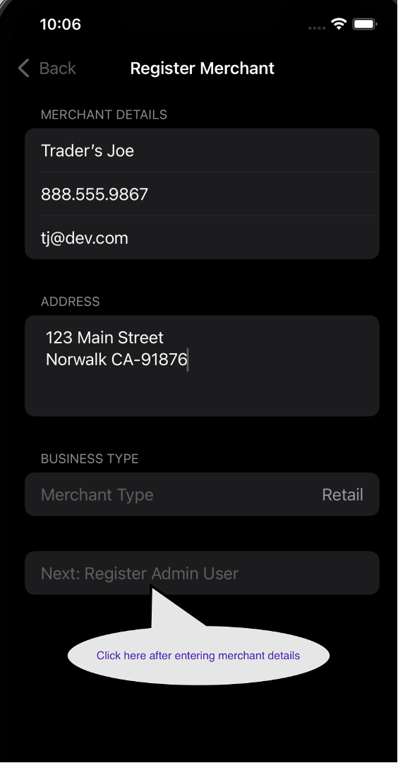 Filled merchant registration form