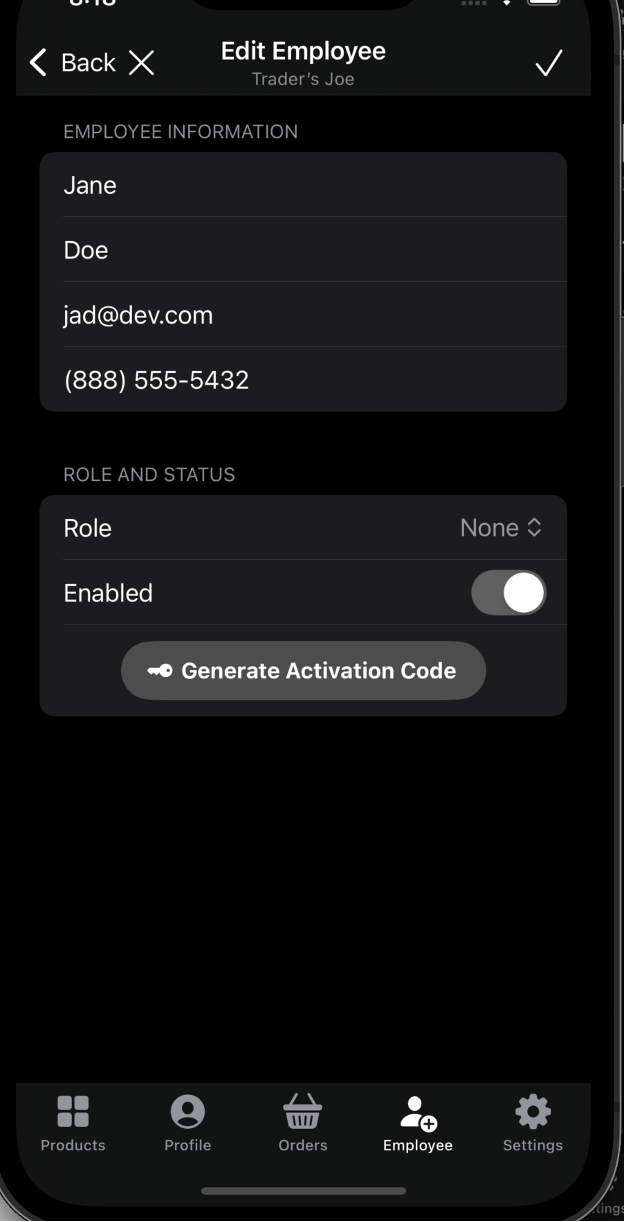 Edit employee screen
